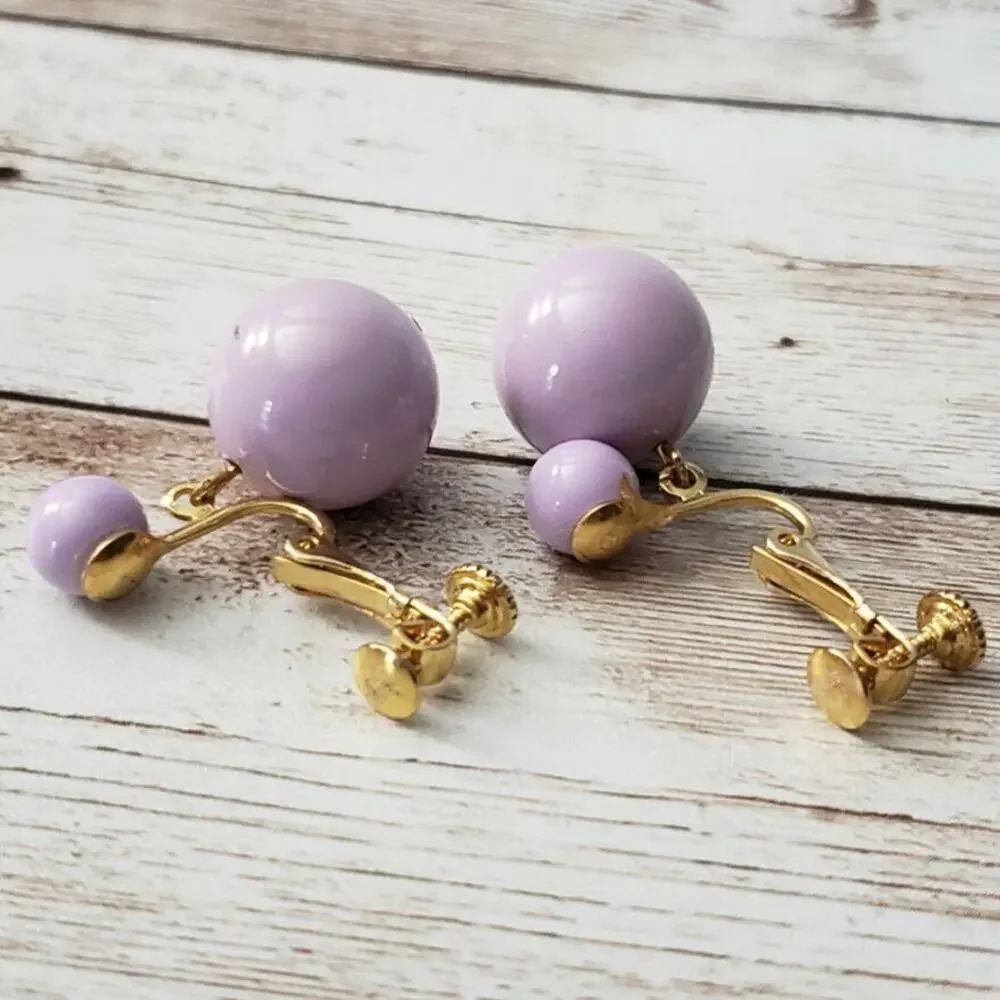 Vintage Clip On Earrings - Lilac Two Ball Dangle with Screw to Tighten